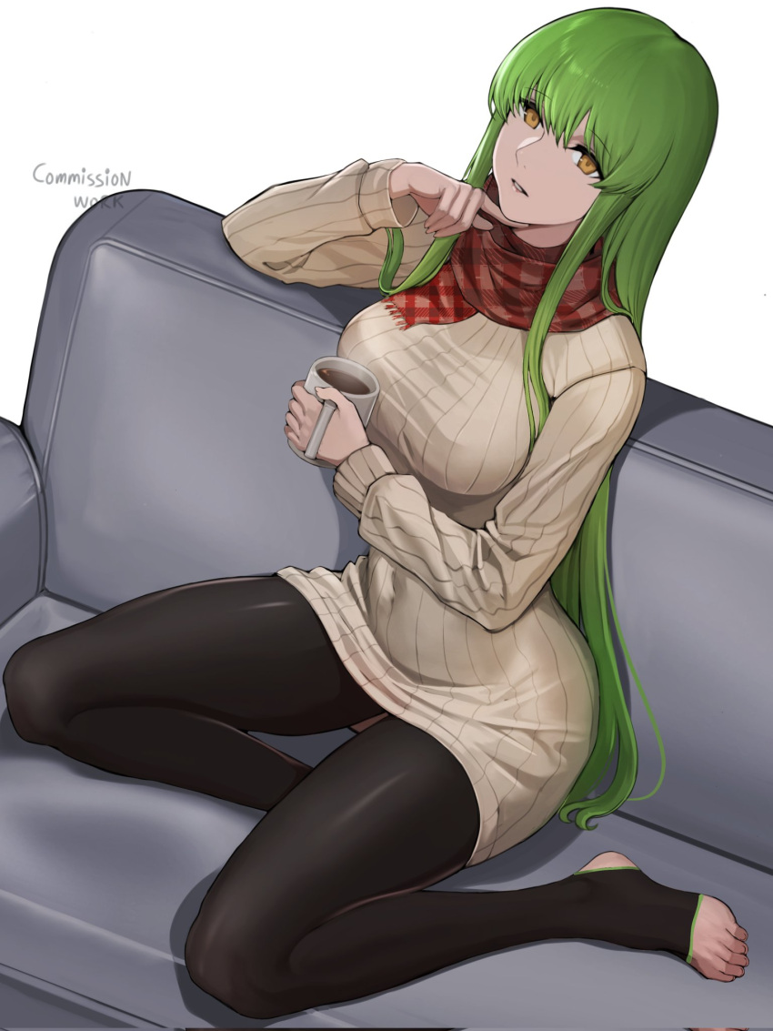 1girl amber_(darker_than_black) character_request check_character commentary commission corrupted_twitter_file couch covered_navel cup darker_than_black english_commentary green_hair highres holding holding_cup long_hair long_sleeves looking_up mug on_couch parted_lips seilindekos sitting solo stirrup_legwear sweater toeless_legwear very_long_hair yellow_eyes yellow_sweater yokozuwari