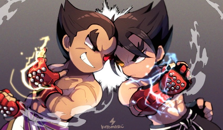2boys black_eyes black_hair black_pants clenched_hand closed_mouth electricity eye_contact fingerless_gloves gloves grey_background grin heads_together kazama_jin kotorai looking_at_another mishima_kazuya multiple_boys navel pants red_eyes red_gloves scar scar_on_arm scar_on_cheek scar_on_chest scar_on_face short_hair signature smile studded_gloves tekken topless_male v-shaped_eyebrows white_pants