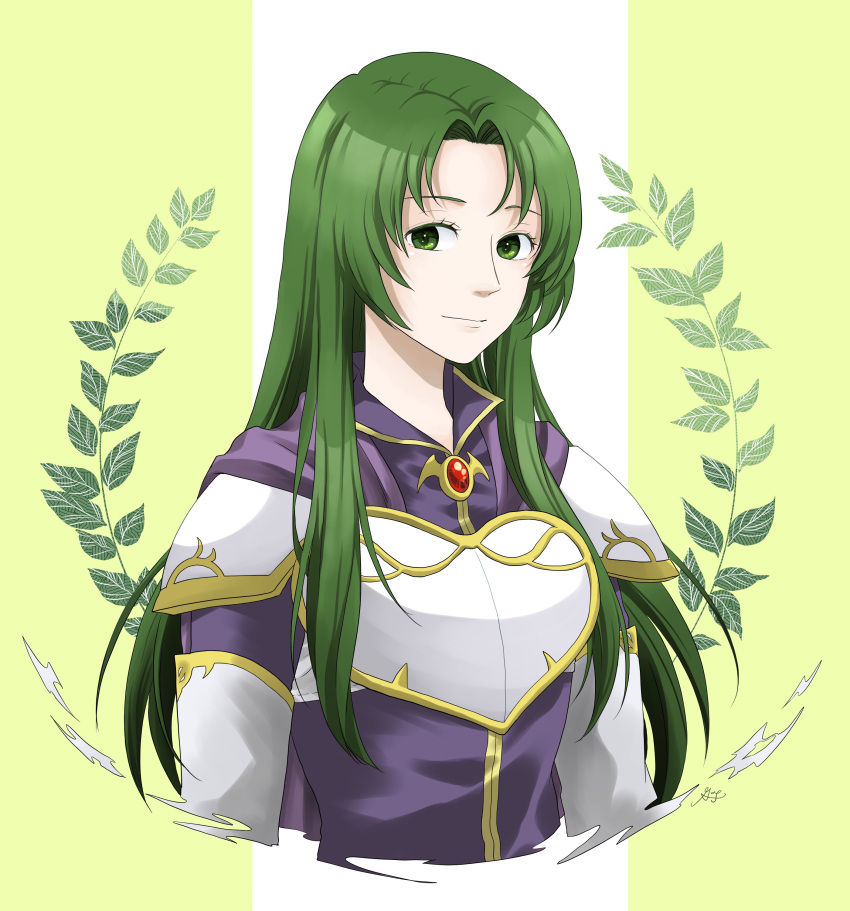 1girl absurdres armor breastplate cecilia_(fire_emblem) closed_mouth collar commentary_request curtained_hair fire_emblem fire_emblem:_the_binding_blade gold_trim green_background green_eyes green_hair highres long_hair midori_no_baku shoulder_armor smile solo two-tone_background upper_body white_background