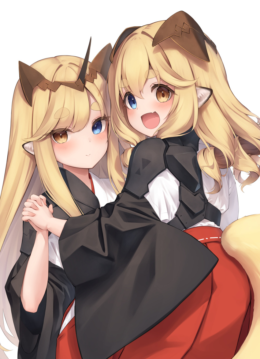 2girls :d absurdres animal_ear_fluff animal_ears blonde_hair blue_eyes blush brown_eyes closed_mouth commentary_request curly_hair fang hair_between_eyes hakama hakama_skirt heterochromia highres holding_hands interlocked_fingers japanese_clothes kimono kin'iro_dojo long_hair long_sleeves looking_at_viewer looking_back miko multiple_girls original red_hakama simple_background skirt smile tail very_long_hair white_background white_kimono wide_sleeves