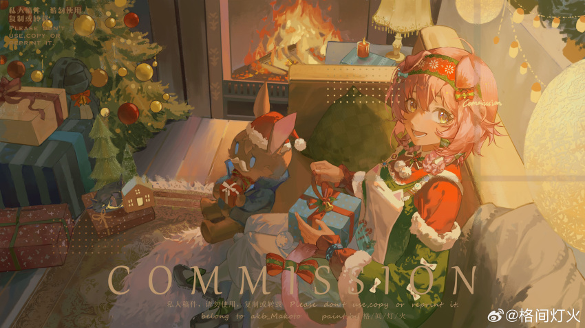1girl absurdres ahoge amiya_(arknights) animal_ears arknights black_bracelet black_footwear blue_bow bow breasts cat_ears cat_girl cat_tail character_doll christmas christmas_ornaments christmas_present christmas_tree commission couch cushion detached_sleeves doctor_(arknights) fireplace flats floppy_ears floral_print flower fur-trimmed_sleeves fur_trim gejiandenghuo gift goldenglow_(arknights) goldenglow_(maiden_for_the_bright_night)_(arknights) green_bow green_sweater hair_between_eyes hair_bow hairband hat highres holding holding_gift holly indoors infection_monitor_(arknights) lamp layered_sleeves long_sleeves looking_at_viewer lower_teeth_only neck_ribbon official_alternate_costume open_mouth opening originium_slug_(arknights) pink_hair poinsettia pom_pom_(clothes) print_hairband red_hairband red_shirt ribbon santa_hat shirt shoes sitting skirt small_breasts socks solo string_lights sweater tail teeth watermark weibo_logo weibo_username white_skirt white_socks yellow_eyes
