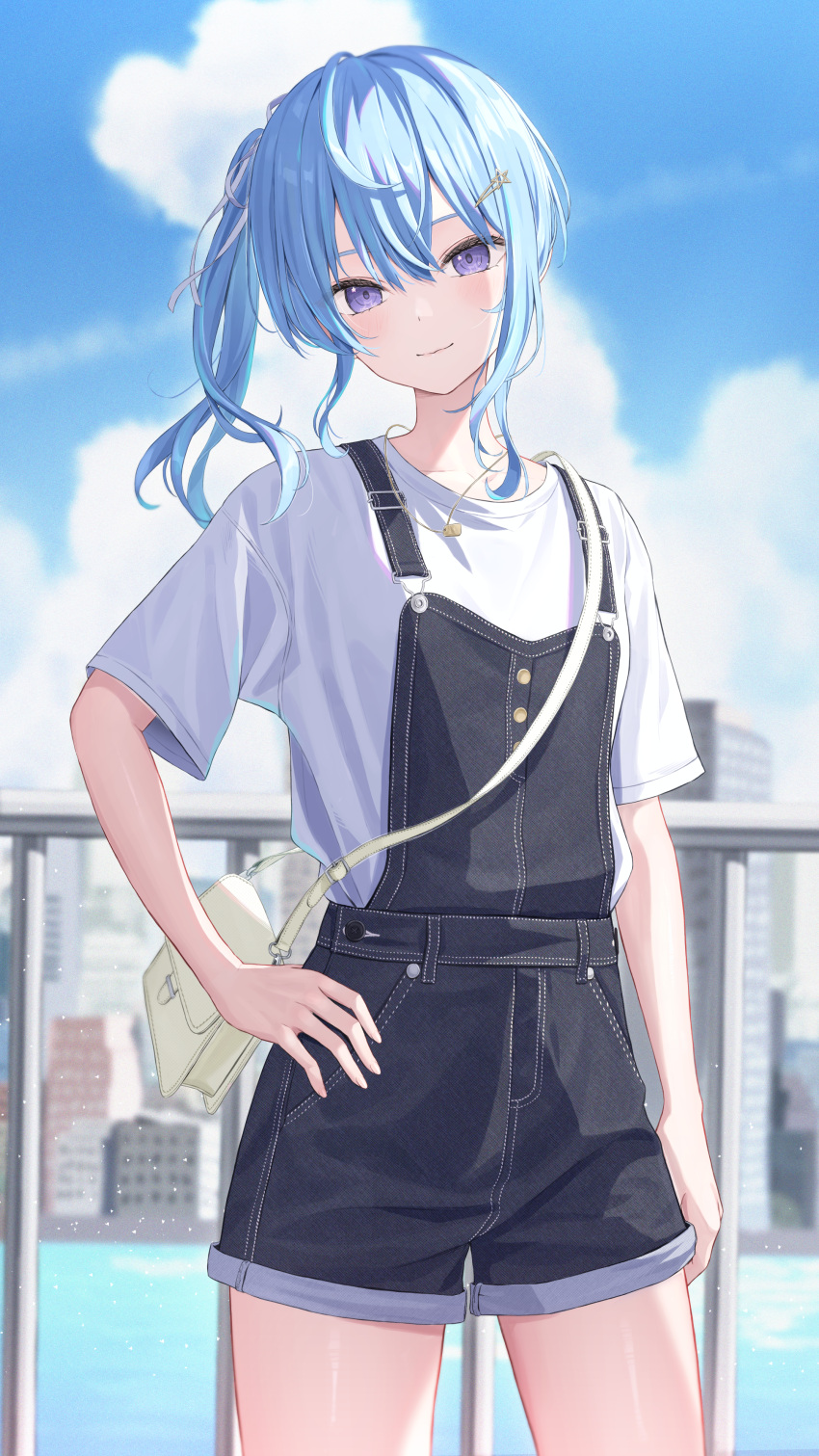1girl absurdres blue_eyes blue_hair blue_overalls blush closed_mouth hair_between_eyes hair_ornament highres hololive hoshimachi_suisei looking_at_viewer medium_hair norio_(noriosub) outdoors overall_shorts overalls shirt short_sleeves side_ponytail solo star_(symbol) star_in_eye symbol_in_eye virtual_youtuber white_shirt