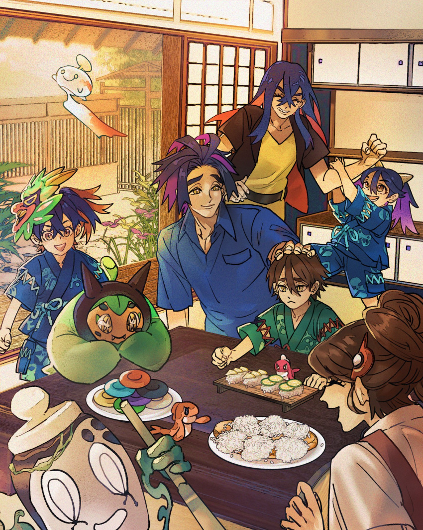 3boys 3girls alternate_universe blue_hair blue_kimono blue_shirt brown_eyes carmine_(pokemon) chimecho clenched_hand closed_eyes collarbone colored_inner_hair commentary_request crossed_bangs cucumber cupboard eyelashes floating florian_(pokemon) frown hand_on_another's_head highres indoors japanese_clothes kieran_(pokemon) kimono long_hair mask multicolored_hair multiple_boys multiple_girls ogerpon open_mouth original plant plate pokemon pokemon_(creature) pokemon_sv purple_hair redhead rice sad shirt short_hair sinistcha smile star-shaped_pupils star_(symbol) stb81370884 symbol-shaped_pupils table tatsugiri tatsugiri_(curly) tatsugiri_(droopy) teeth two-tone_hair unworn_mask wooden_table yellow_eyes