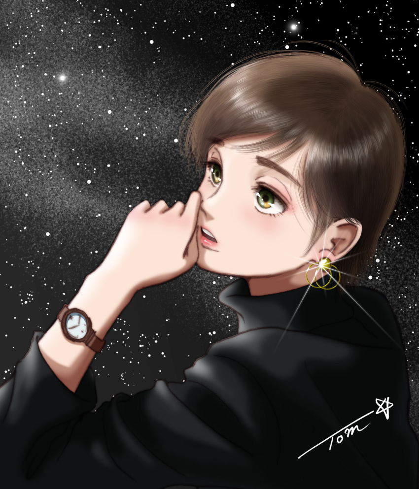 1girl black_sweater brown_eyes brown_hair chutohampa earrings hand_on_own_cheek hand_on_own_face highres jewelry lipstick looking_to_the_side makeup original parted_lips red_lips short_hair signature sky solo star_(sky) starry_sky sweater teeth turtleneck turtleneck_sweater upper_body upper_teeth_only watch watch