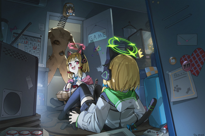 2girls absurdres animal_ear_headphones animal_ears black_skirt black_thighhighs blonde_hair blue_archive calendar_(object) can cat_tail character_request coil-head_(lethal_company) controller door dor_m drink_can fake_animal_ears game_controller green_halo halo headphones heart highres indoors jacket lethal_company long_sleeves midori_(blue_archive) momoi_(blue_archive) multiple_girls pink_halo pleated_skirt red_eyes short_hair skirt soda_can tail television thigh-highs trophy white_jacket yuuka_(blue_archive)