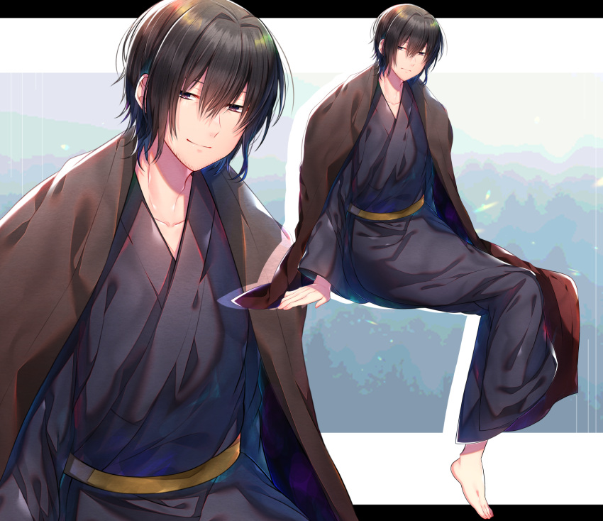 1boy akirannu barefoot black_hair black_kimono closed_mouth drop_shadow expressionless facial_hair goatee hair_between_eyes highres invisible_chair japanese_clothes kimono letterboxed long_sleeves looking_at_viewer male_focus original outside_border short_hair sitting smile stubble variations violet_eyes wide_sleeves zoom_layer