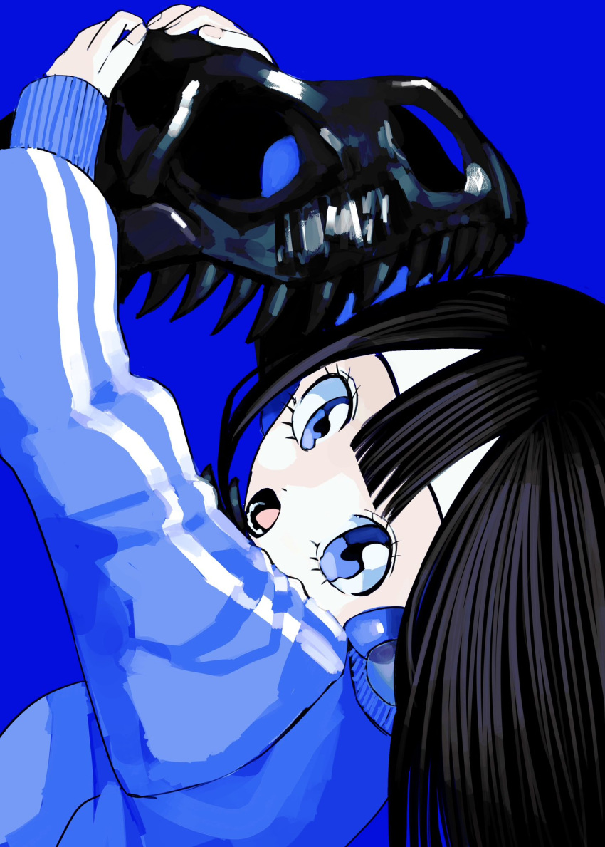 1girl animal_skull arms_up black_hair blue_background blue_eyes blue_jacket blue_theme blunt_bangs double_vertical_stripe fingernails from_behind headgear highres holding jacket long_hair long_sleeves looking_at_viewer looking_back open_mouth original simple_background solo straight_hair upper_body urokogaran