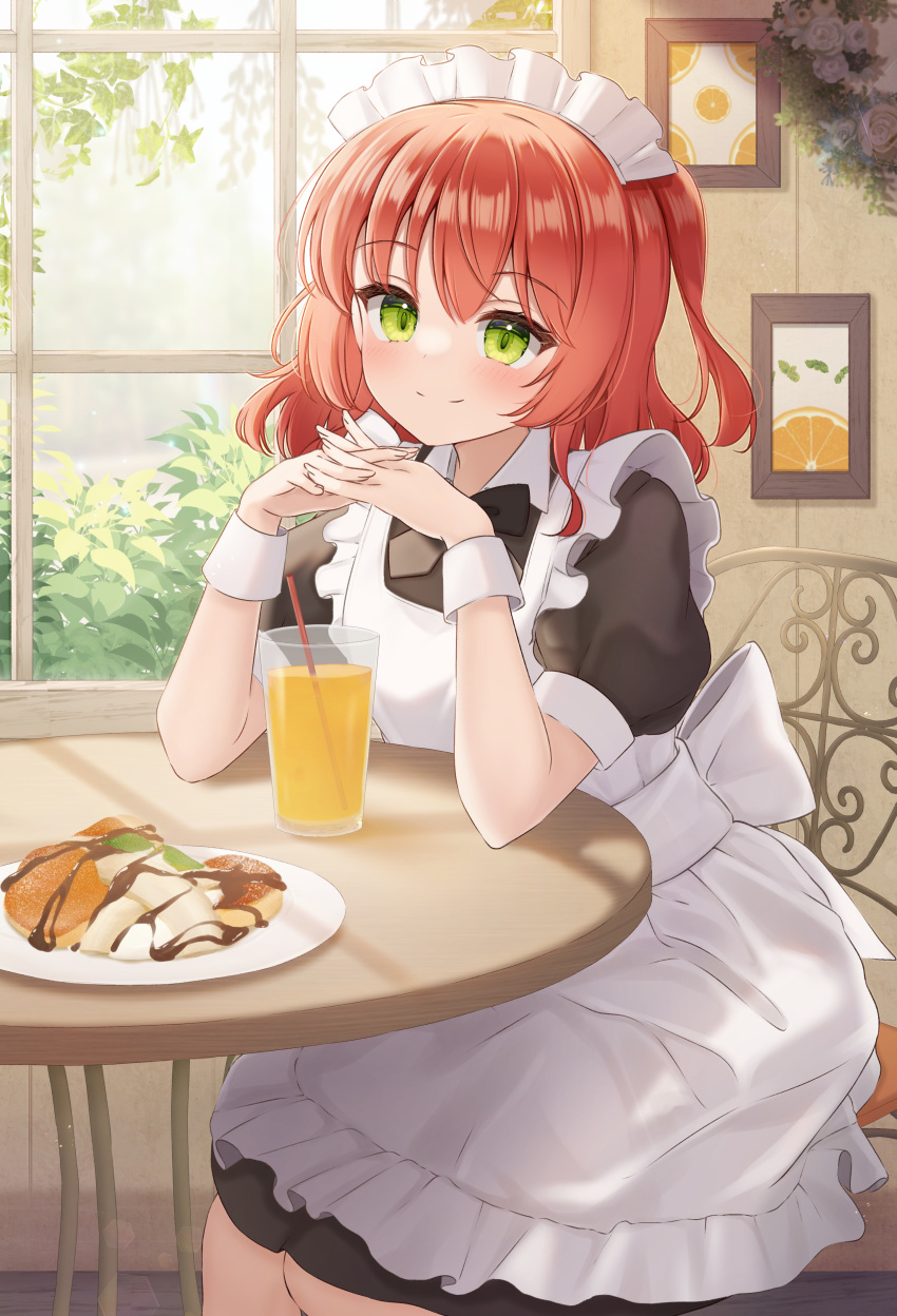 1girl absurdres apron black_dress blush bocchi_the_rock! chair closed_mouth commentary_request cup day dress drink drinking_glass drinking_straw food frilled_apron frills green_eyes hair_between_eyes highres indoors interlocked_fingers kita_ikuyo maid maid_apron maid_headdress on_chair one_side_up plate puffy_short_sleeves puffy_sleeves redhead short_sleeves sitting smile solo white_apron window yukiunag1