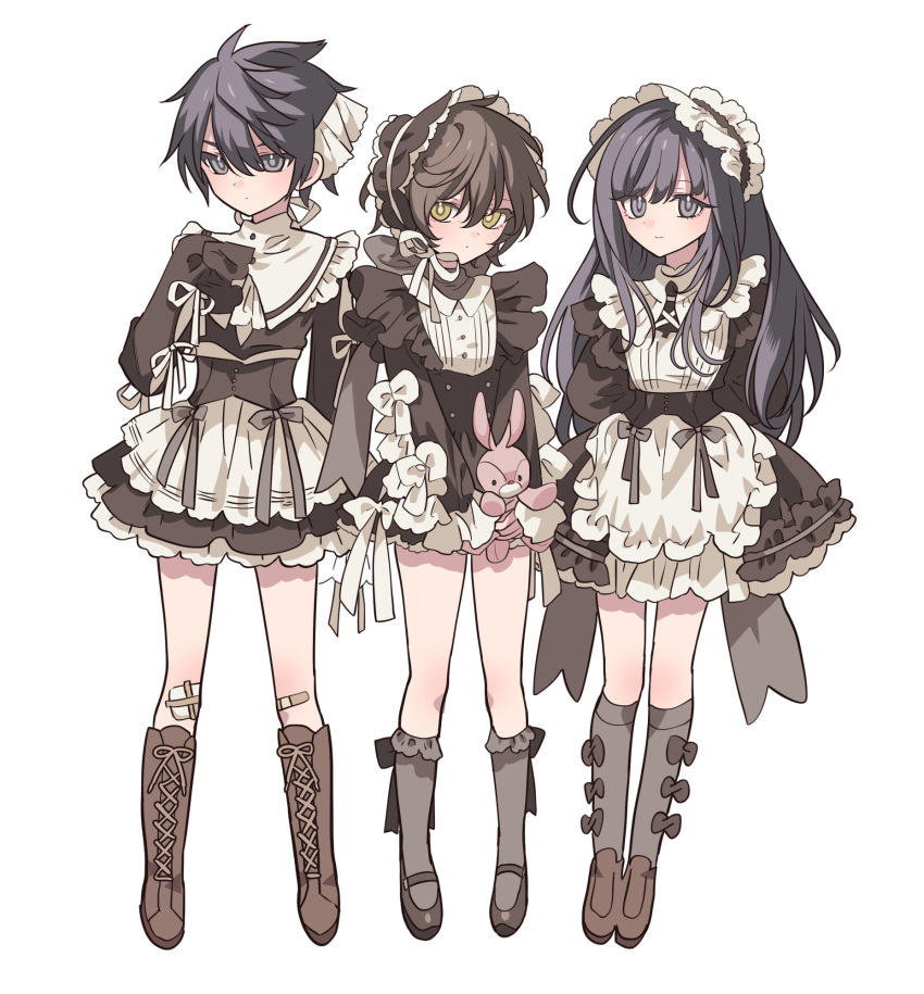 1girl 2boys apron bad_id bad_twitter_id bandaid bandaid_on_knee bandaid_on_leg black_dress black_footwear black_hair black_ribbon blue_eyes boots brown_footwear brown_hair character_request closed_mouth collared_dress copyright_request crossdressing dress frilled_apron frilled_dress frills full_body gauze grey_socks hairband hand_up highres holding holding_stuffed_toy knee_boots kneehighs loafers lolita_fashion lolita_hairband long_hair long_sleeves looking_at_viewer maid maid_apron male_maid mary_janes meremero multiple_boys ribbon shoes short_hair simple_background sleeves_past_fingers sleeves_past_wrists smile socks standing stuffed_animal stuffed_rabbit stuffed_toy white_apron white_background yellow_eyes