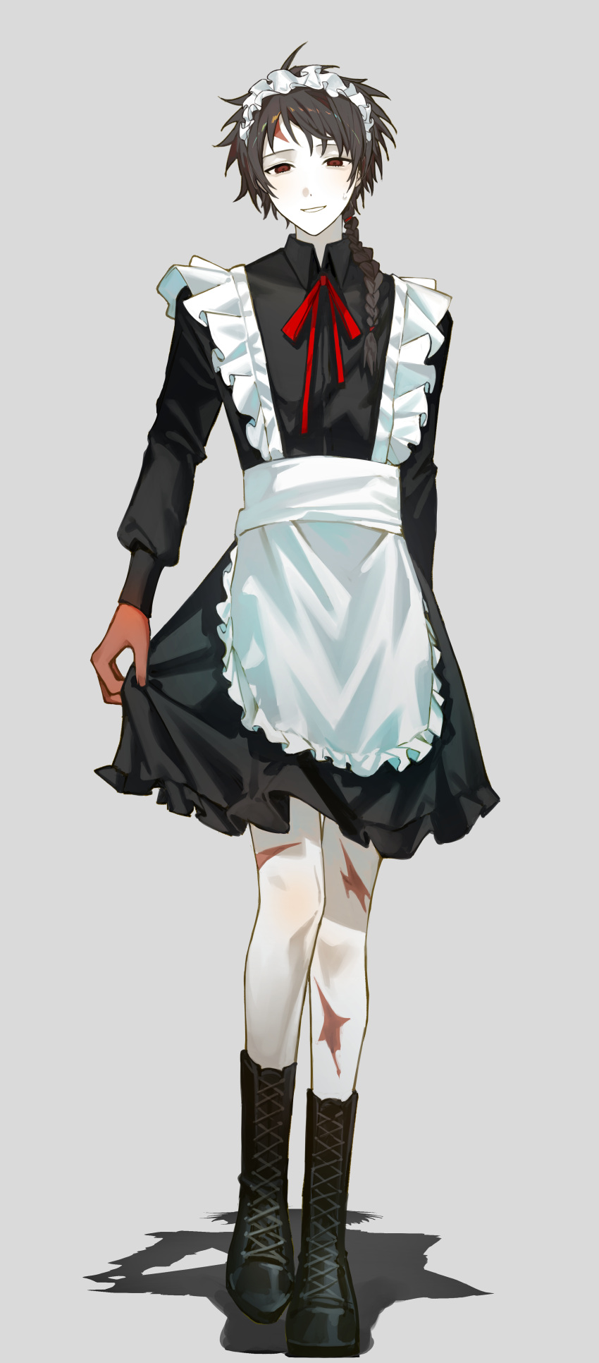 1boy absurdres alternate_costume apron black_dress black_footwear boots brown_hair chinese_commentary collared_dress commentary_request cross-laced_footwear crossdressing dress enmaided frilled_apron frilled_dress frills full_body grey_background harada_minoru highres kyoko_(akakikyoko) lace-up_boots long_sleeves maid maid_apron maid_headdress male_focus male_maid multiple_scars neck_ribbon red_eyes red_ribbon ribbon saibou_shinkyoku scar scar_on_face scar_on_forehead scar_on_leg short_dress short_hair simple_background skirt_hold solo white_apron