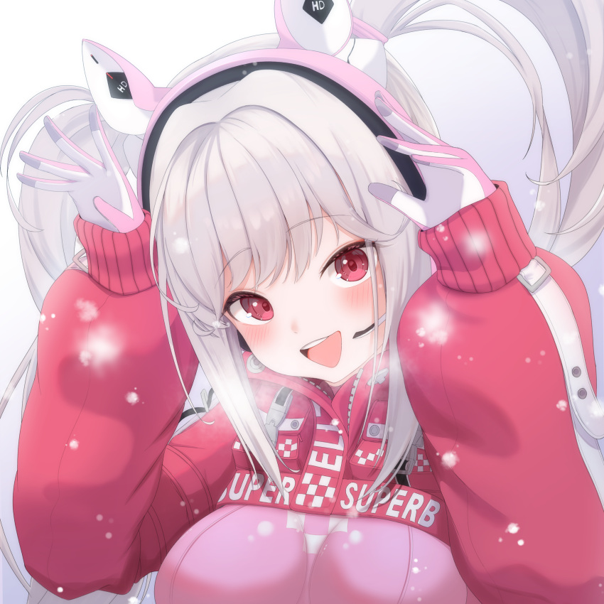 1girl absurdres alice_(nikke) animal_ear_headphones animal_ears blush bodysuit breasts commentary cropped_jacket fake_animal_ears gloves goddess_of_victory:_nikke grey_hair headphones headset highres jacket kaboten long_hair medium_breasts open_mouth pink_bodysuit pink_gloves rabbit_pose red_eyes red_jacket sidelocks skin_tight sleeves_past_wrists smile snow solo twintails two-tone_gloves upper_body white_gloves