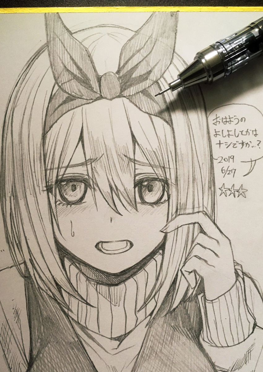 1girl art_tools_in_frame blush commentary_request dated go-toubun_no_hanayome graphite_(medium) hair_between_eyes hair_ribbon hand_up highres hoshi_san_3 long_sleeves looking_at_viewer lower_teeth_only mechanical_pencil monochrome nakano_yotsuba open_mouth pencil ribbon shikishi short_hair solo speech_bubble sweatdrop sweater teeth traditional_media translation_request upper_body vest
