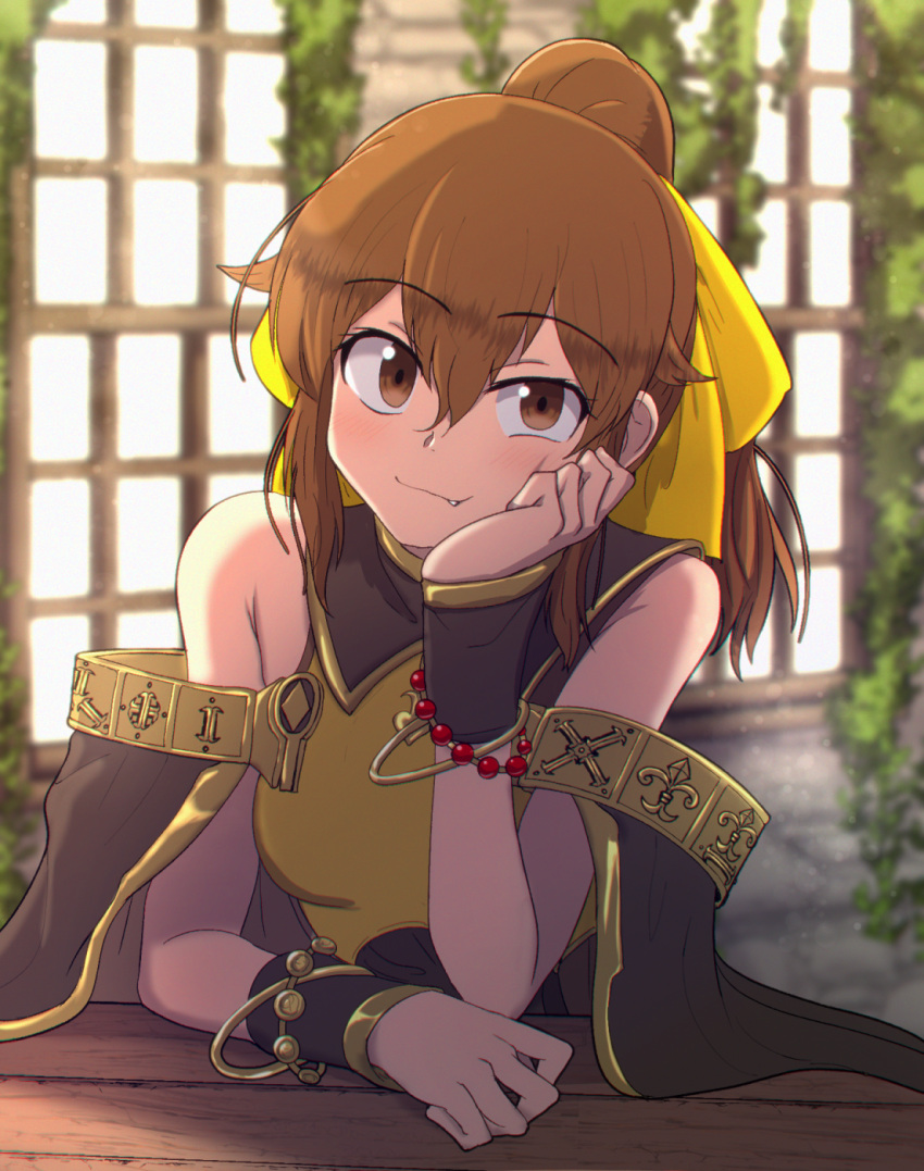 1girl bare_shoulders bow bracelet breasts brown_eyes brown_hair chromatic_aberration delthea_(fire_emblem) fang fang_out fire_emblem fire_emblem_echoes:_shadows_of_valentia hair_between_eyes hair_bow hand_on_own_face highres hiramine_akira jewelry medium_breasts medium_hair ponytail solo uneven_eyes window yellow_bow