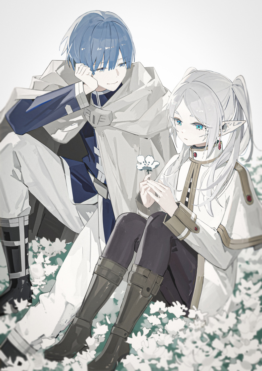 1boy 1girl absurdres black_pantyhose blue_hair boots capelet cloak elf field flower flower_field frieren grey_hair hand_on_own_cheek hand_on_own_face highres himmel_(sousou_no_frieren) holding holding_flower knee_boots knees_up long_sleeves looking_at_another luozhou_pile pantyhose parted_bangs pointy_ears sitting sousou_no_frieren twintails white_capelet white_cloak