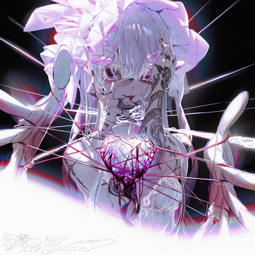 1girl absurdres black_background close-up hand_in_own_hair heart highres looking_at_viewer original ribbon rolua shirt tattoo white_hair white_shirt