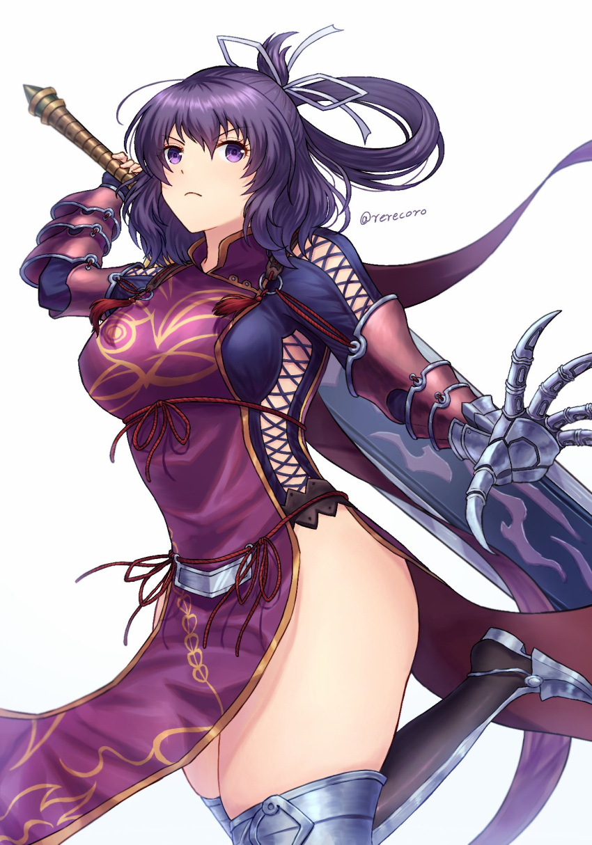 1girl ao_no_kiseki armored_shoes bow-shaped_hair breasts bridal_gauntlets china_dress chinese_clothes double-parted_bangs dress eiyuu_densetsu fingerless_gloves gloves hair_between_eyes hajimari_no_kiseki highres holding holding_sword holding_weapon huge_weapon large_breasts purple_hair rerecoro rixia_mao simple_background solo sword thick_thighs thighs twitter_username violet_eyes weapon white_background zero_no_kiseki