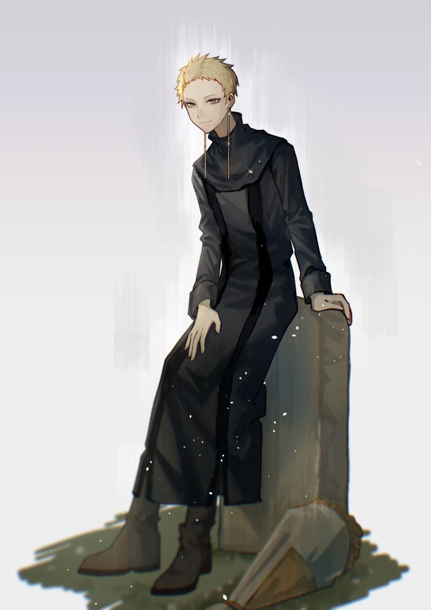 1boy black_capelet black_coat blonde_hair bouquet brown_footwear capelet chinese_commentary closed_mouth coat commentary_request earrings full_body glint green_eyes highres jewelry kyoko_(akakikyoko) long_sleeves male_focus rumeld_othmayer saibou_shinkyoku short_hair sitting smile solo tombstone
