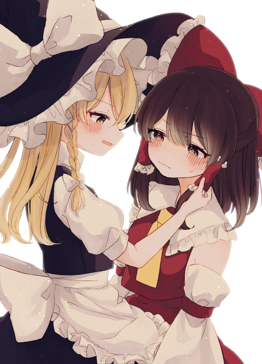 2girls absurdres apron ascot blonde_hair blush bow braid brown_eyes brown_hair closed_mouth commentary detached_sleeves frilled_bow frilled_hair_tubes frills hair_bow hair_tubes hakurei_kaede hakurei_reimu hand_in_another's_hair hat hat_bow highres kirisame_marisa long_hair multiple_girls open_mouth red_bow red_skirt short_sleeves side_braid simple_background single_braid skirt skirt_set smile sweatdrop touhou waist_apron white_background white_bow witch_hat yellow_ascot yellow_eyes yuri