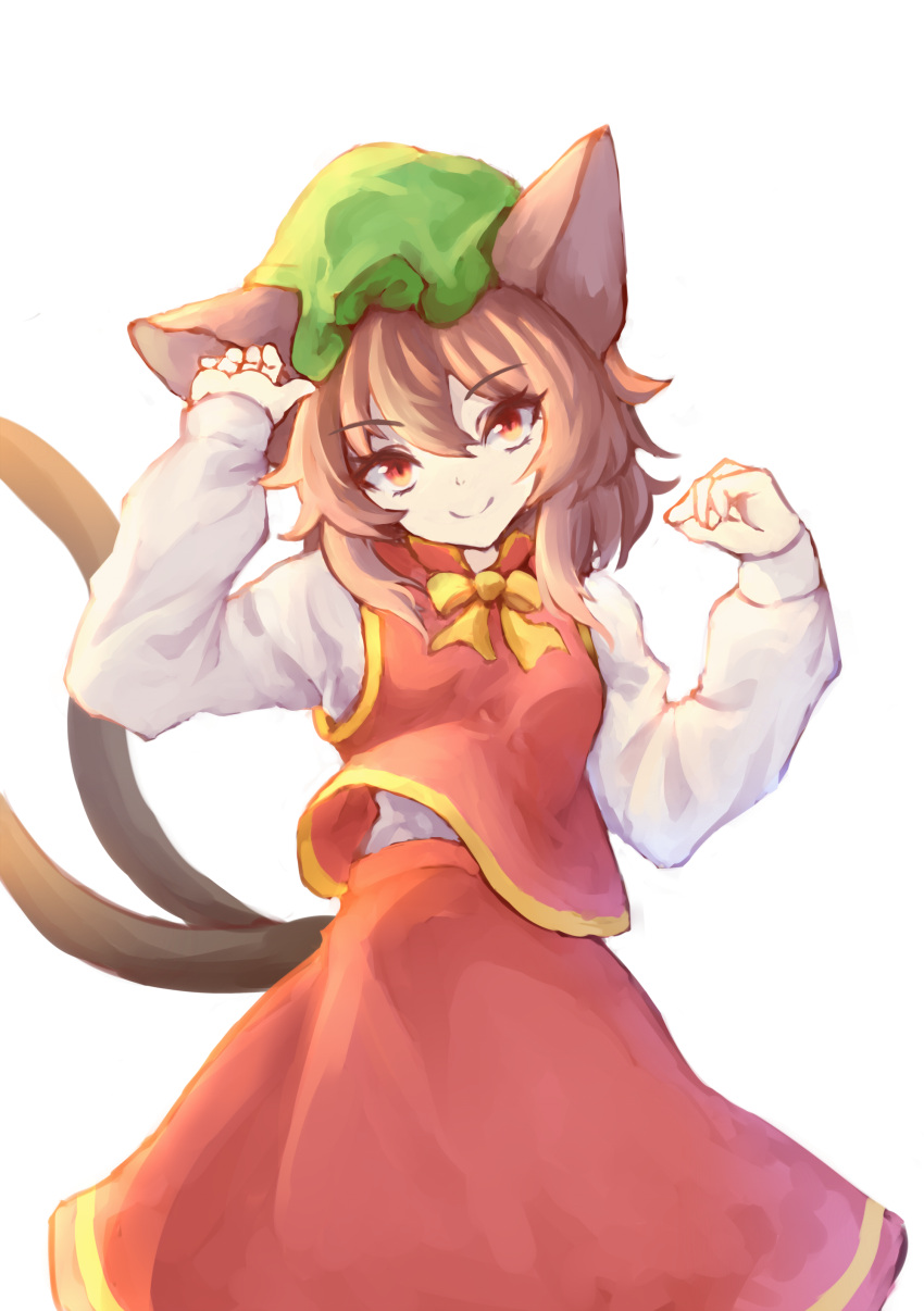 1girl absurdres animal_ears bloom bow bowtie breasts brown_eyes brown_hair cat_ears cat_tail chen closed_mouth commentary_request cowboy_shot eyelashes gold_trim green_headwear hands_up hat highres long_sleeves looking_at_viewer medium_hair mob_cap multiple_tails puffy_long_sleeves puffy_sleeves red_skirt red_vest sidelighting simple_background skirt skirt_set small_breasts smile solo tail touhou two_tails utinokofia vest white_background yellow_bow yellow_bowtie