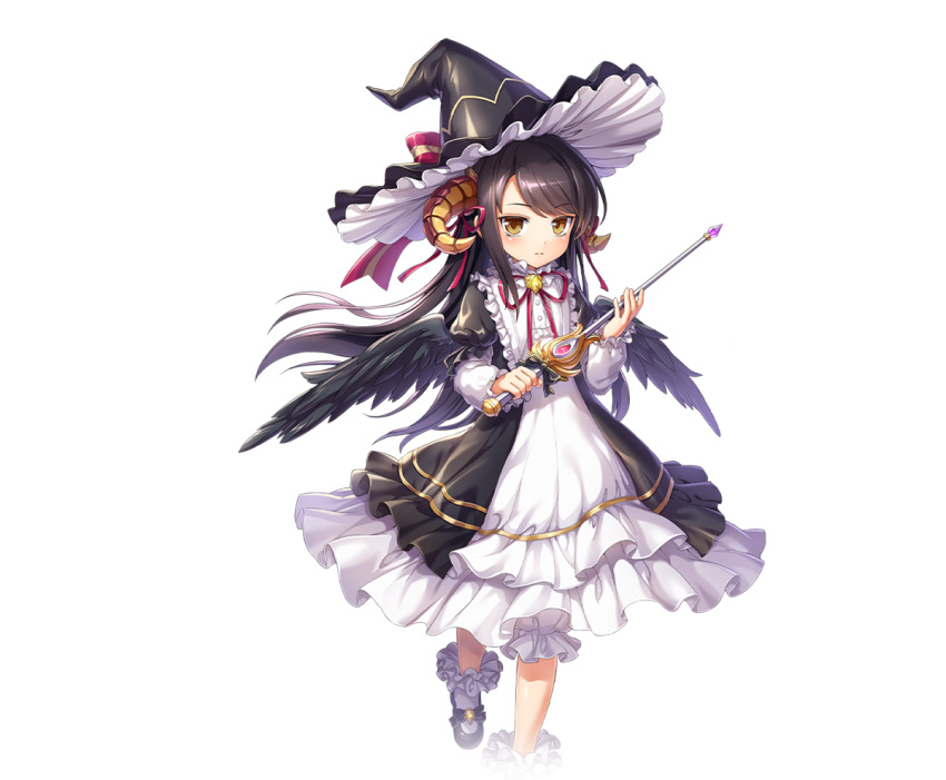 1girl aged_down amon_(kamihime_project) artist_request black_dress black_footwear black_hair black_headwear black_ribbon black_wings bloomers blush bow brown_eyes closed_mouth dress feathered_wings floating_hair frilled_dress frilled_hat frilled_socks frills hair_ribbon hat hat_bow holding holding_sword holding_weapon kamihime_project light_frown long_hair long_sleeves looking_at_viewer mary_janes neck_ribbon official_art puffy_sleeves red_bow red_ribbon ribbon shoes sidelocks simple_background socks solo striped striped_bow swept_bangs sword transparent_background weapon white_dress white_socks wings witch_hat
