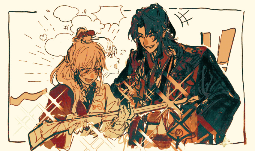 +++ 2boys archer_(fate/samurai_remnant) black_hair black_hanfu blank_speech_bubble blush chinese_clothes chinese_hairpin closed_eyes egotism fate/samurai_remnant fate_(series) flying_sweatdrops grin gun hair_tubes hands_on_own_hips hanfu high_ponytail highres holding holding_gun holding_weapon looking_at_another looking_at_object multiple_boys notice_lines open_mouth smile sparkle speech_bubble sweatdrop thought_bubble weapon white_background white_hair zheng_chenggong_(fate)
