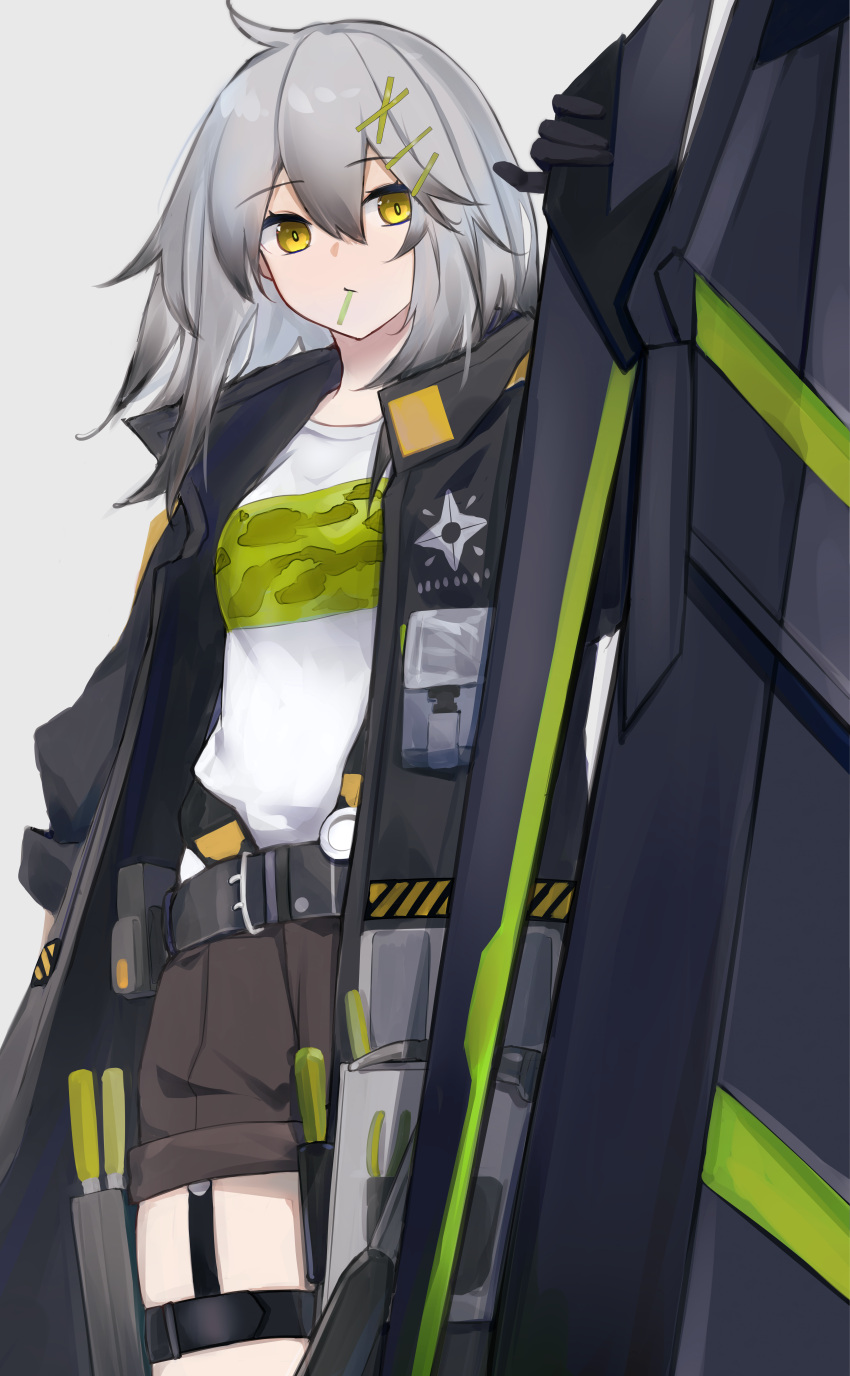 1girl absurdres ahoge belt black_belt black_coat black_gloves breasts brown_shorts coat cowboy_shot croque_(neural_cloud) girls'_frontline_neural_cloud gloves grey_hair hair_between_eyes hair_ornament hairclip highres kotoha_(kotoha65) looking_at_viewer medium_hair mouth_hold open_clothes open_coat shield shirt shorts simple_background small_breasts solo thigh_pouch thigh_strap white_background white_shirt x_hair_ornament yellow_eyes