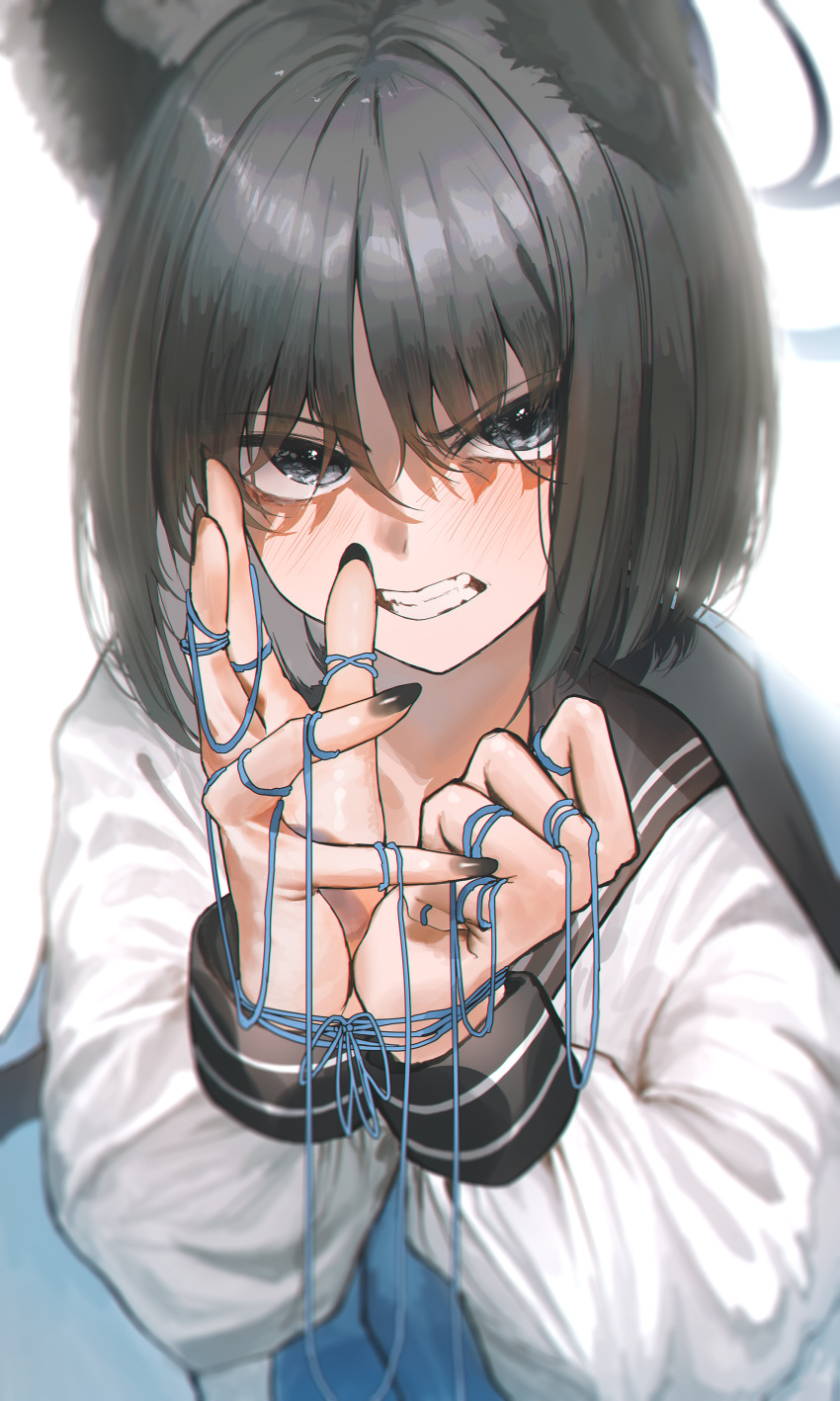 1girl absurdres animal_ears black_eyes black_hair black_nails black_sailor_collar blue_archive blue_neckerchief blush cat's_cradle cat_ears clenched_teeth fingernails frown highres kikyou_(blue_archive) long_sleeves looking_at_viewer nail_polish neckerchief sailor_collar school_uniform serafuku short_hair simple_background solo teeth upper_body white_background zain_(jiha3905)