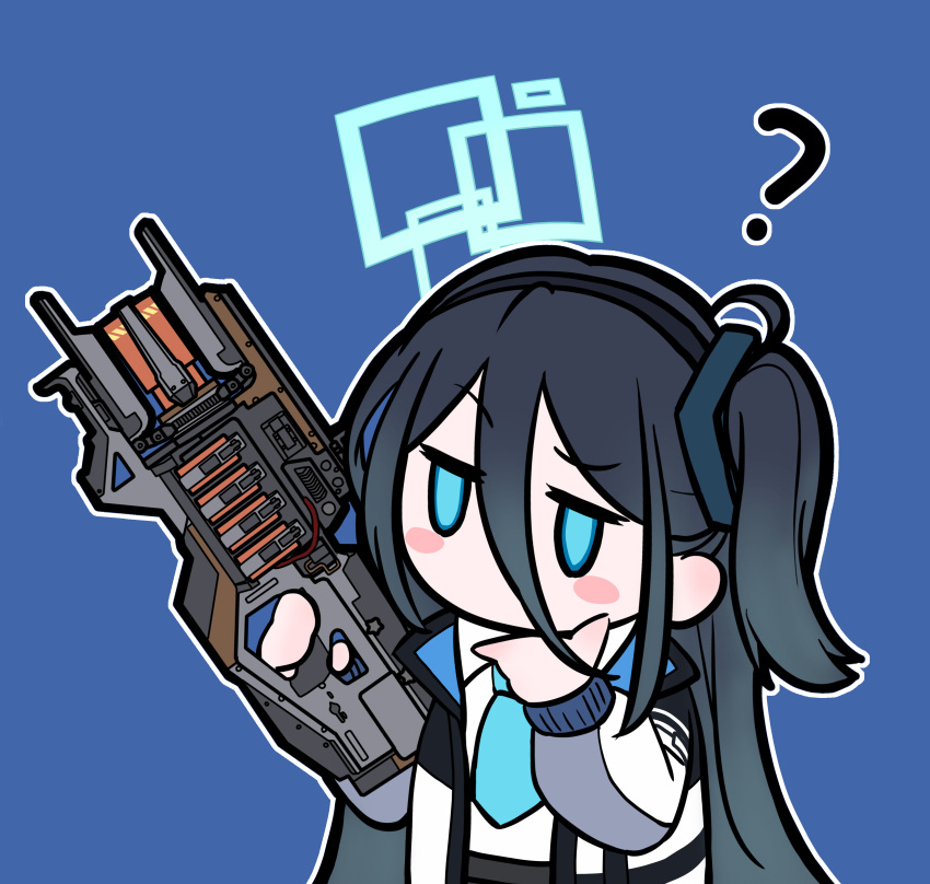 1girl ? absurdres apex_legends aris_(blue_archive) black_hair blue_archive blue_background blue_halo charge_rifle commentary_request gna_(mtac8272) hair_between_eyes halo highres holding holding_weapon long_hair one_side_up simple_background solo thinking very_long_hair weapon