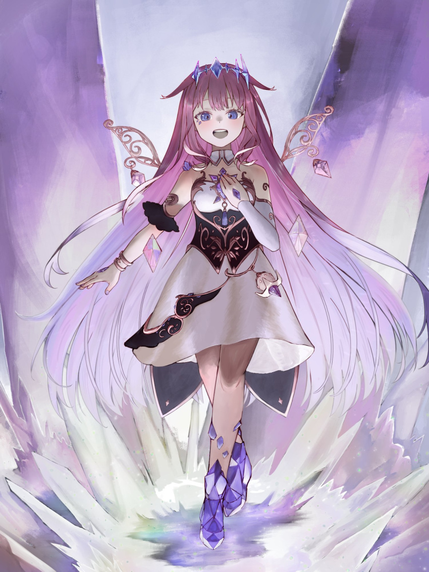 1girl chest_jewel circlet colored_inner_hair detached_collar dress gem grey_hair hair_ornament highres hololive hololive_english jewel_under_eye koseki_bijou long_hair looking_at_viewer multicolored_hair open_mouth pink_hair purple_hair solo sseldne standing violet_eyes virtual_youtuber white_dress wings