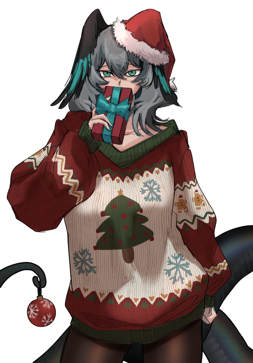 1girl aqua_eyes arknights black_pantyhose christmas christmas_ornaments christmas_present christmas_sweater christmas_tree_print covering_mouth cowboy_shot fur-trimmed_headwear fur_trim gift gingerbread_man_print hair_between_eyes hand_up hat head_wings highres ho'olheyak_(arknights) holding holding_gift holding_with_tail long_sleeves looking_at_viewer medium_hair pantyhose pom_pom_(clothes) prehensile_tail print_sweater red_headwear santa_hat simple_background sketch snake_tail snowflake_print solo sweater tail white_background wings yuec