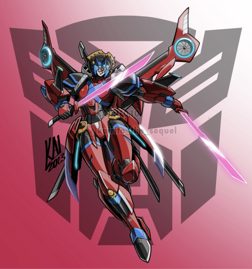 1girl autobot blue_eyes breasts energy_sword highres holding holding_sword holding_weapon humanoid_robot kairito10 mechanical_wings medium_breasts panties red_lips red_panties robot robot_girl solo sword thighs transformers underwear weapon windblade wings