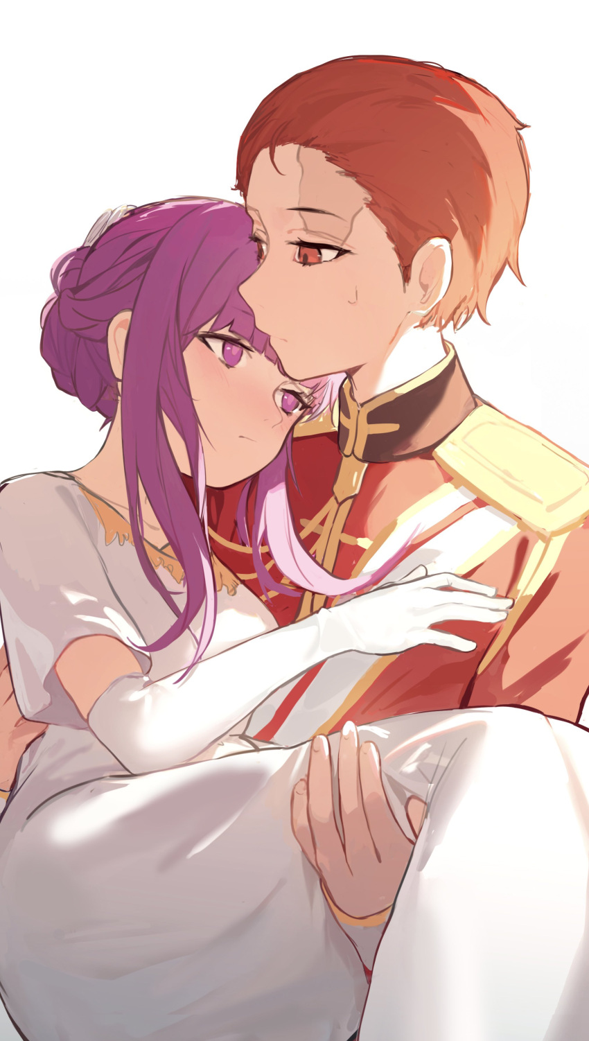 1boy 1girl absurdres aiguillette carrying dress elbow_gloves epaulettes fern_(sousou_no_frieren) forehead gloves hair_up hand_on_another's_chest hetero highres light_frown military_uniform princess_carry purple_hair red_eyes redhead scar scar_on_face scar_on_forehead shenqi_de_(9) short_sleeves sidelocks simple_background sousou_no_frieren stark_(sousou_no_frieren) uniform violet_eyes white_background white_dress white_gloves