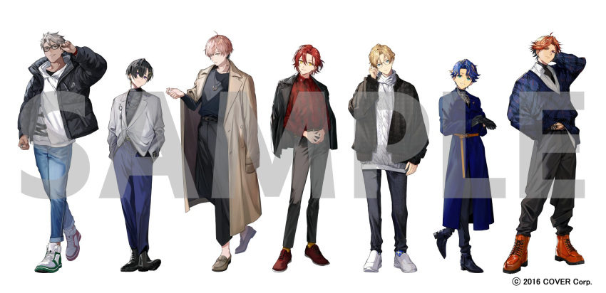 6+boys adjusting_clothes adjusting_eyewear adjusting_gloves ahoge alternate_costume alternate_hairstyle ankle_boots aqua_eyes aran_sweater arurandeisu astel_leda asymmetrical_footwear barcode barcode_tattoo belt bespectacled black_belt black_footwear black_gloves black_hair black_jacket black_pants black_shirt blazer blonde_hair blue_coat blue_eyes blue_hair blue_pants blue_socks blue_sweater boots border0715 brown_belt brown_coat brown_footwear cable_knit clenched_hand closed_mouth coat coat_on_shoulders collared_shirt copyright_notice cross-laced_footwear curtained_hair denim earrings full_body glasses gloves green_eyes grey_eyes grey_footwear grey_hair grey_jacket grin hair_behind_ear hair_between_eyes hair_ornament hair_over_one_eye hairclip half_updo hanasaki_miyabi hand_in_pocket hand_on_eyewear hand_up hands_in_pockets heterochromia highres holostars hood hood_down hoodie jacket jacket_on_shoulders jeans jewelry kanade_izuru kishido_temma lace-up_boots lapel_pin lapels lightning_bolt_earrings lightning_bolt_hair_ornament lightning_bolt_symbol long_sleeves looking_at_viewer male_focus medium_hair mismatched_footwear mole mole_under_eye multicolored_hair multiple_boys neck_tattoo notched_lapels open_clothes open_jacket orange_eyes orange_hair own_hands_together padded_shirt pants parted_bangs parted_lips partially_unbuttoned patterned_clothing pendant pink_hair purple_pants red_footwear red_shirt redhead rikka_(holostars) ring sample_watermark shirt shirt_partially_tucked_in shirt_tucked_in shoes short_hair simple_background single_earring smile sneakers socks standing streaked_hair sweater tattoo turtleneck turtleneck_sweater undershirt v-neck violet_eyes virtual_youtuber watermark white_background white_footwear white_hoodie white_shirt white_sweater yellow_eyes yellow_socks yukoku_roberu