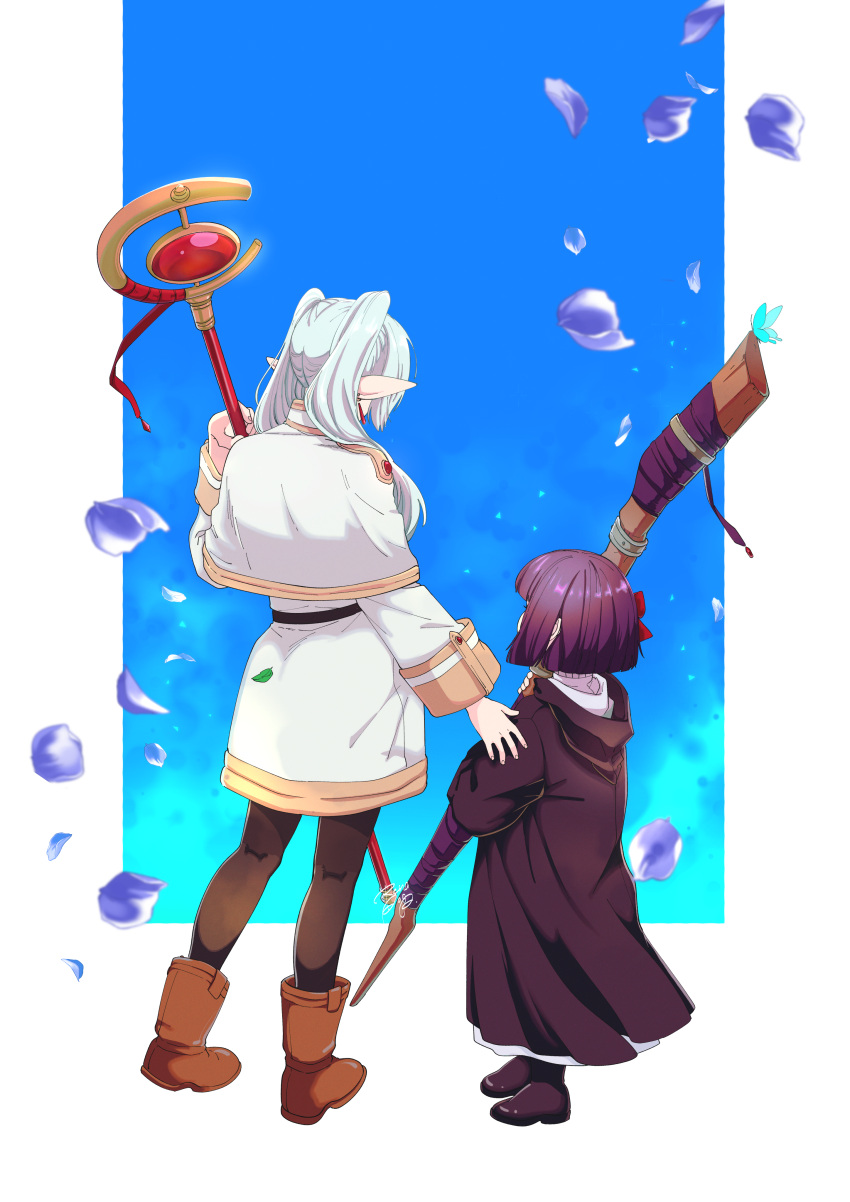 2girls absurdres aoba_rena_(kuro_mameo) black_coat black_robe capelet child coat commentary_request dangle_earrings drop_earrings earrings elf facing_away falling_petals fern_(sousou_no_frieren) frieren height_difference highres holding holding_staff hood hood_down jewelry mage_staff multiple_girls petals pointy_ears purple_hair robe short_hair sousou_no_frieren staff twintails white_capelet