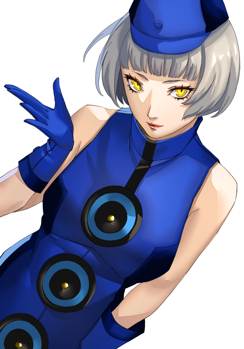 1girl absurdres bare_shoulders blue_dress blue_gloves blue_headwear blunt_bangs bob_cut cabbie_hat dress elizabeth_(persona) gloves grey_hair hat head_tilt highres lips looking_at_viewer persona persona_3 pertex_777 pink_lips short_hair simple_background sleeveless sleeveless_dress smile solo white_background yellow_eyes
