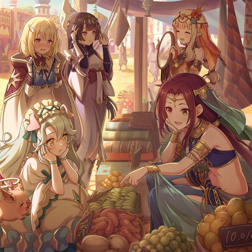 5girls alternate_costume alternate_hairstyle animal_ears blonde_hair blurry blurry_background blush brown_hair carpet closed_mouth food fruit green_eyes hands_on_own_cheeks hands_on_own_face highres long_hair mirror multiple_girls official_art open_mouth princess_connect! quria_(princess_connect!) riri_(princess_connect!) saliva saren_(princess_connect!)