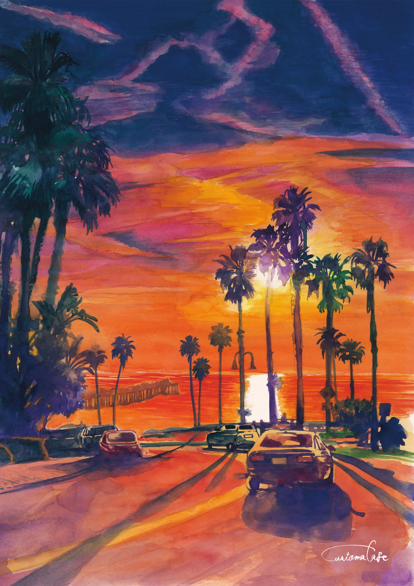 artworksmil car highres motor_vehicle no_humans ocean orange_sky original palm_tree purple_sky road shadow signature sky sunlight sunset tree tree_shade