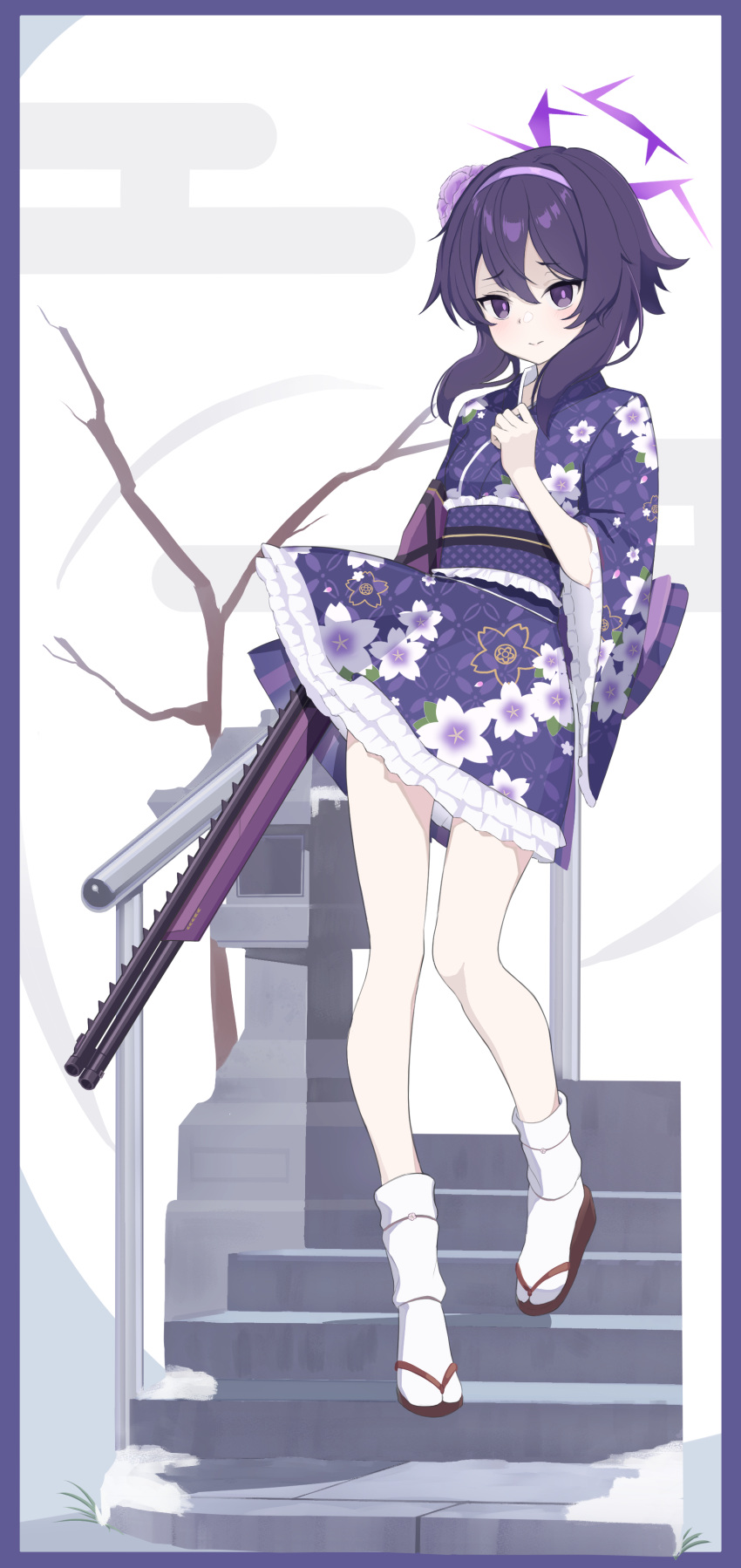 1girl absurdres back_bow blue_archive bow floral_print_kimono flower gun hair_flower hair_ornament hairband halo haruka_(blue_archive) haruka_(new_year)_(blue_archive) highres holding holding_gun holding_weapon japanese_clothes kimono kyukouka_p looking_at_viewer purple_hair purple_hairband purple_kimono railing socks solo stairs standing violet_eyes weapon white_socks wide_sleeves