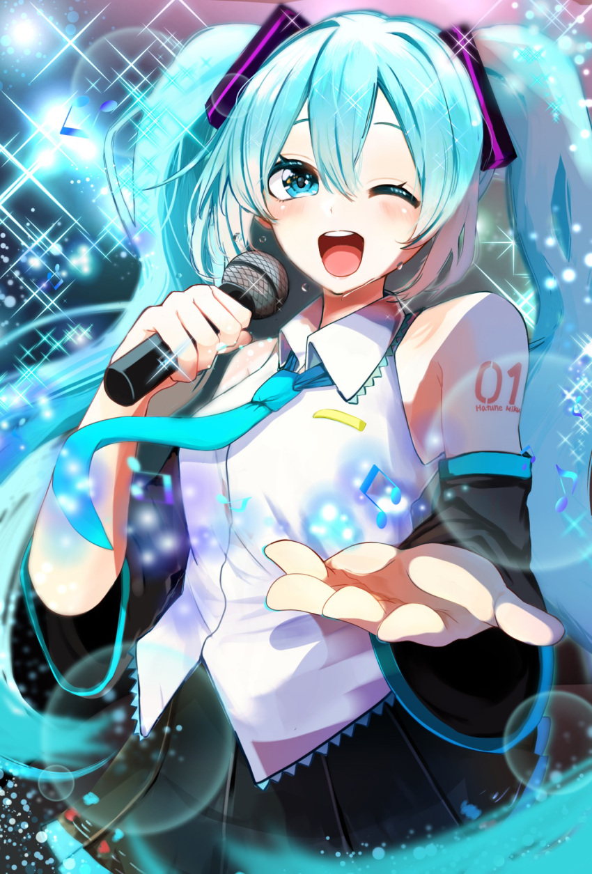 1girl ;d aqua_necktie arm_tattoo bare_shoulders black_skirt blue_eyes blurry blush colored_eyelashes commentary_request cowboy_shot depth_of_field detached_sleeves double-parted_bangs floating_clothes green_hair hair_between_eyes hand_up happy hatsune_miku highres holding holding_microphone koroyarou long_hair long_sleeves looking_at_viewer microphone miku_day miniskirt necktie one_eye_closed open_hand open_mouth pleated_skirt reaching reaching_towards_viewer round_teeth shirt skirt sleeveless sleeveless_shirt smile solo sparkle stage standing sweat tattoo teeth twintails upper_teeth_only very_long_hair vocaloid white_shirt wide_sleeves