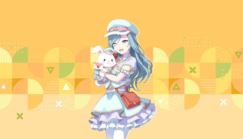 1girl :&gt; aqua_skirt aqua_vest bag belt blue_eyes blue_hair blue_headwear blush_stickers brown_bag collared_shirt colorful_palette cowboy_shot diagonal_stripes dot_nose frilled_skirt frilled_sleeves frills fur-trimmed_headwear fur_trim gold_trim happy hat highres hinomori_shizuku holding holding_letter layered_skirt letter light_blue_hair long_hair mole mole_under_mouth necktie official_art one_eye_closed open_mouth orange_background pantyhose peaked_cap pink_necktie polka_dot polka_dot_skirt project_sekai puffy_short_sleeves puffy_sleeves purple_skirt rabbit sanrio school_bag shade shirt short_sleeves simple_background skirt smile solo striped striped_background swept_bangs third-party_source tie_clip triangle tsurime two-tone_background vertical_stripes vest wax_seal wax_seal_hair_ornament white_pantyhose white_shirt wish_me_mell yellow_background yellow_belt