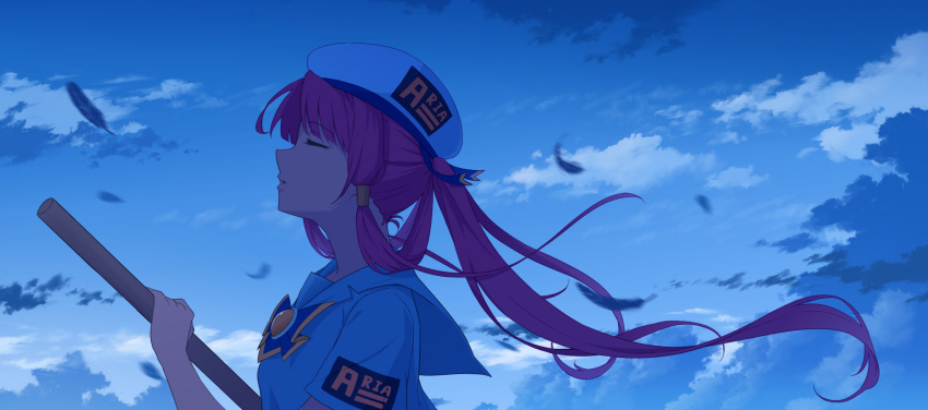 1girl aria_(manga) aria_company_uniform beret blue_background blue_bow blue_bowtie blue_ribbon blue_sky bow bowtie bread_fqy closed_eyes clouds cloudy_sky eyelashes falling_feathers from_side gold_trim hair_rings hair_tubes hand_up hat hat_ribbon highres holding holding_oar long_hair looking_at_viewer mizunashi_akari motion_blur oar official_alternate_hairstyle open_mouth outdoors parted_bangs pink_hair ribbon sailor_collar shadow short_sleeves sky solo upper_body white_headwear