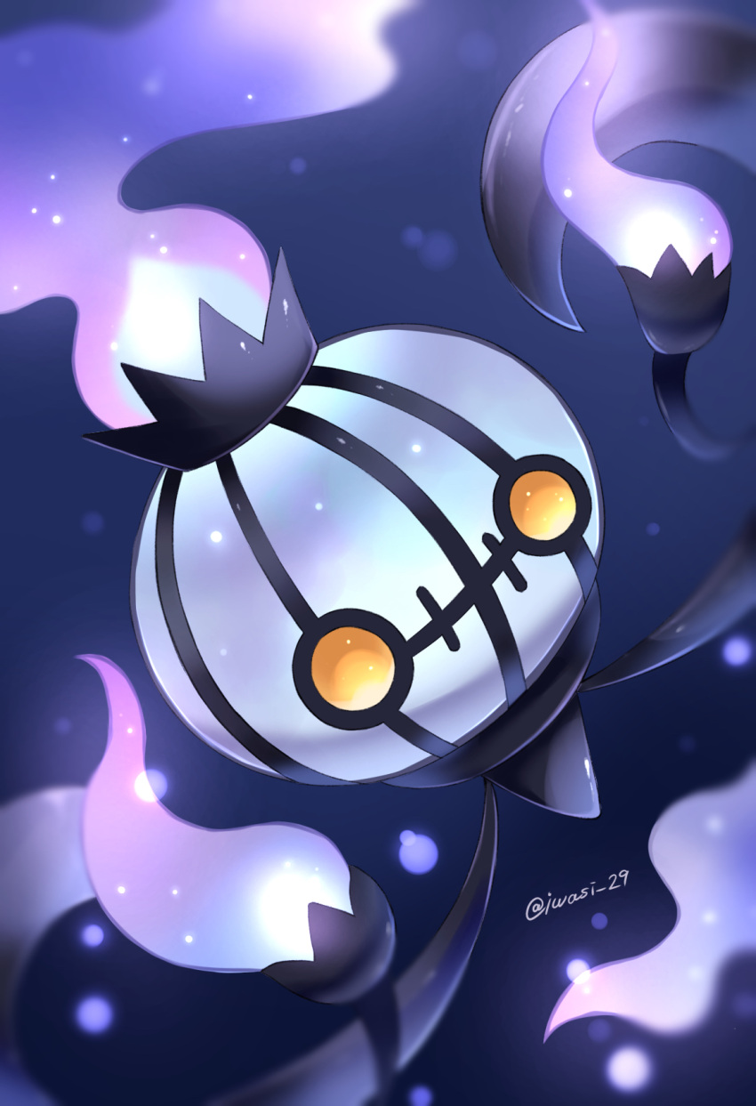 animal_focus artist_name chandelure commentary_request fire highres iwasi_29 no_humans pokemon pokemon_(creature) purple_background purple_fire solid_circle_eyes twitter_username yellow_eyes