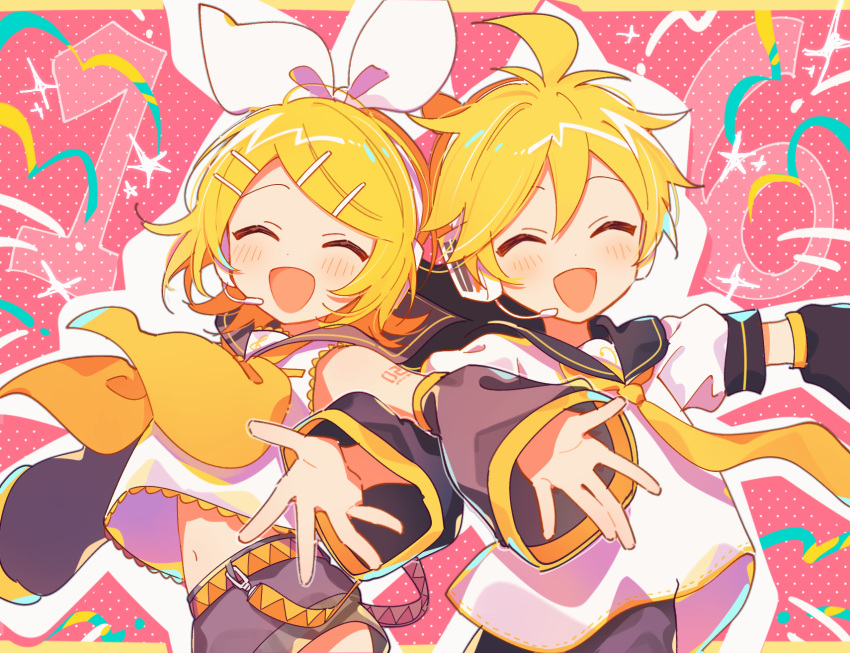 1boy 1girl 4_(nakajima4423) ahoge anniversary black_sailor_collar black_shorts blonde_hair blush border bow brother_and_sister closed_eyes commentary_request confetti crop_top detached_sleeves hair_bow hair_ornament hairclip headphones highres kagamine_len kagamine_rin long_sleeves looking_at_viewer midriff neckerchief number_tattoo open_mouth outstretched_arms pink_background polka_dot polka_dot_background sailor_collar shirt short_hair shorts shoulder_tattoo siblings simple_background smile sparkle tattoo twins upper_body vocaloid white_bow white_shirt yellow_neckerchief