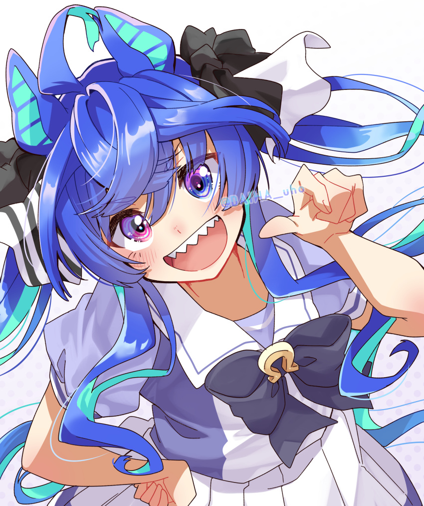 1girl absurdres ahoge animal_ears aqua_hair black_bow black_bowtie black_ribbon blue_eyes blue_hair bow bowtie commentary crossed_bangs daiwa_uho hair_ribbon hand_on_own_hip heterochromia highres horse_ears horse_girl horse_tail long_hair looking_at_viewer multicolored_hair open_mouth pleated_skirt pointing pointing_at_self pointing_at_viewer puffy_short_sleeves puffy_sleeves purple_shirt ribbon sailor_collar sharp_teeth shirt short_sleeves sidelocks skirt smile solo standing tail teeth twin_turbo_(umamusume) twintails twitter_username two-tone_hair umamusume violet_eyes white_sailor_collar white_skirt