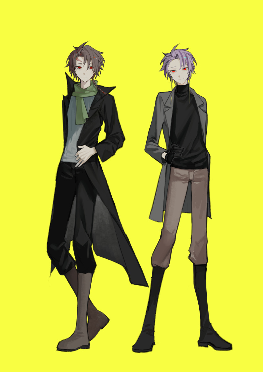 2boys absurdres ahoge black_coat black_footwear black_gloves black_pants black_sweater boots braid brown_footwear brown_hair brown_pants chinese_commentary closed_mouth coat commentary_request earrings full_body gloves green_scarf grey_coat grey_sweater hand_on_own_hip harada_minoru highres jewelry kyoko_(akakikyoko) long_sleeves male_focus multiple_boys open_clothes open_coat pants purple_hair red_eyes ribbed_sweater saibou_shinkyoku scar scar_on_face scar_on_forehead scarf short_hair side_braid simple_background single_braid smile sweater theodore_riddle turtleneck turtleneck_sweater yellow_background