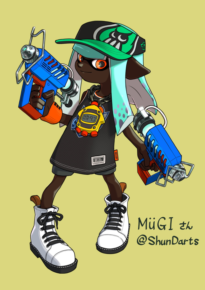 1girl aqua_hair black_shorts closed_mouth commentary_request commission full_body glooga_dualies_(splatoon) green_headwear gun highres holding holding_gun holding_weapon inkling inkling_girl long_hair orange_eyes pointy_ears print_headwear shoes shorts simple_background smile solo splatoon_(series) splatoon_3 tentacle_hair visor_cap weapon white_footwear xdies_ds yellow_background