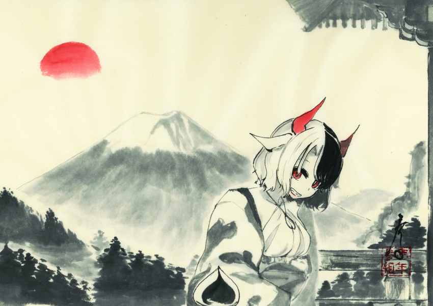 1girl animal_ears animal_print breasts commentary_request cow_ears cow_girl cow_horns cow_print greyscale grin haori highres holding_baby horns ink_(medium) ink_wash_painting japanese_clothes large_breasts looking_at_viewer monochrome mountain multicolored_hair red_eyes short_hair smile spot_color sun takaharuti touhou traditional_media two-tone_hair ushizaki_urumi