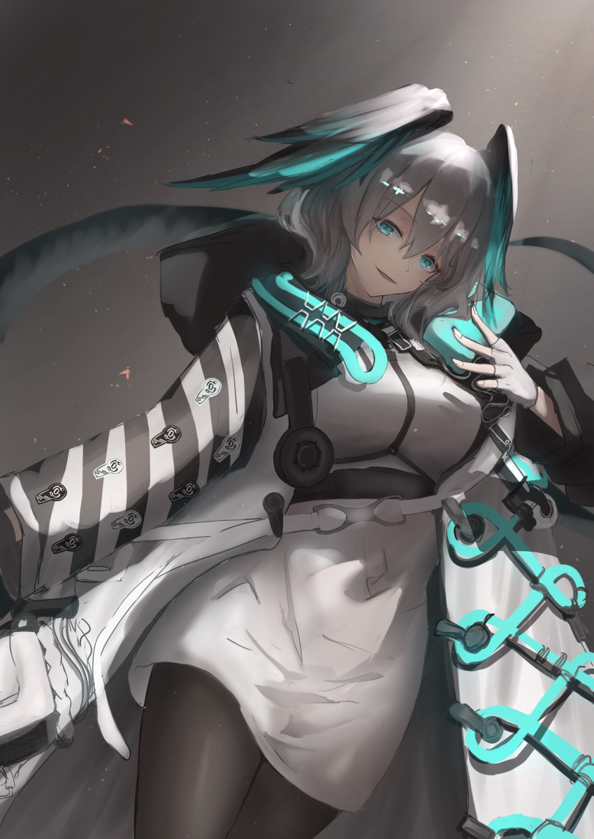 1girl absurdres aqua_eyes arknights black_pantyhose breasts coat cowboy_shot dress dutch_angle fingerless_gloves gloves grey_background grey_hair hair_between_eyes hand_up head_wings hetare_galm_sue highres ho'olheyak_(arknights) long_sleeves looking_at_viewer medium_breasts medium_hair open_clothes open_coat pantyhose parted_lips simple_background smile snake_tail solo tail white_coat white_dress white_gloves wings
