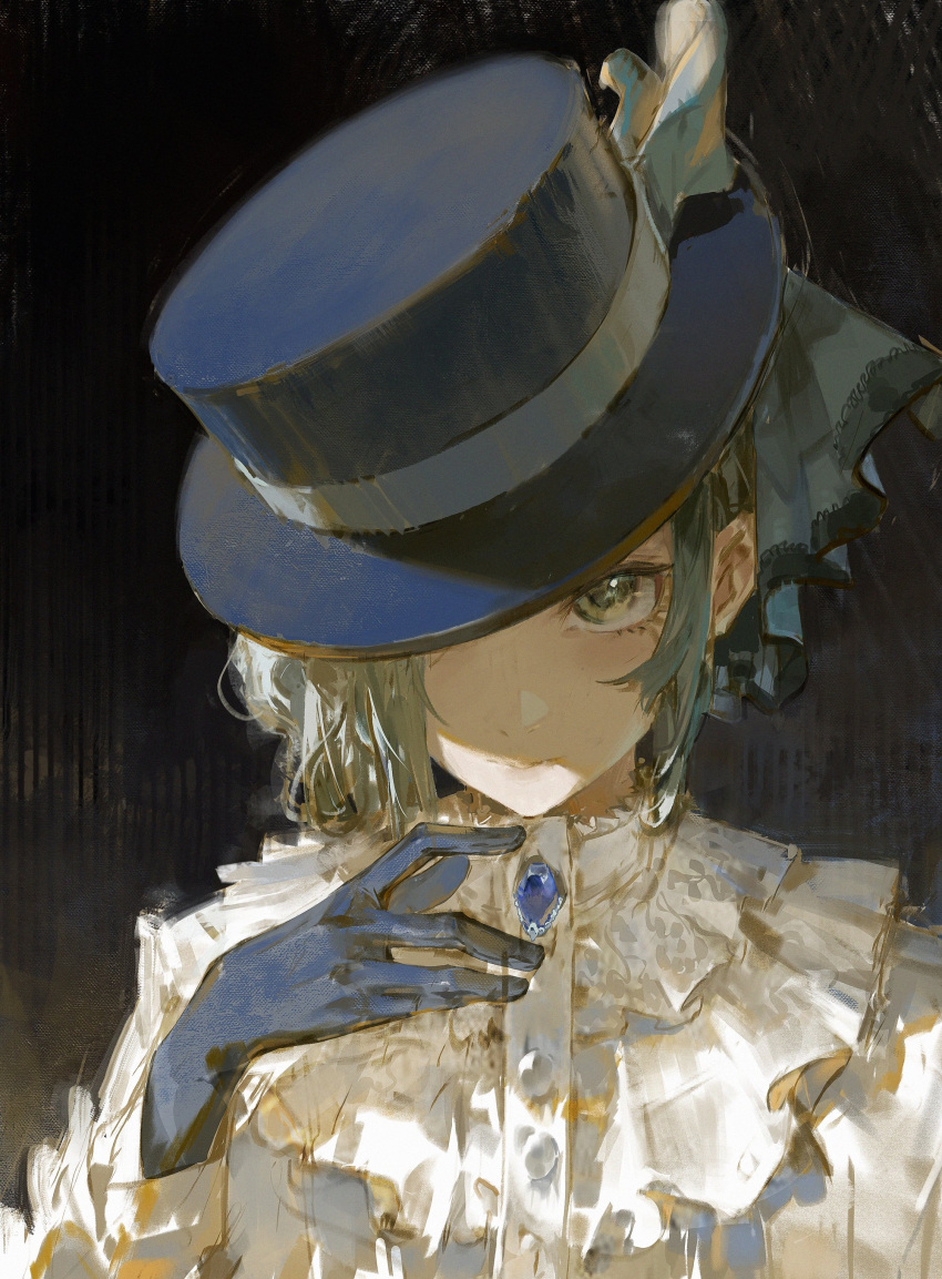 1girl absurdres ascot black_gloves black_headwear blue_ascot closed_mouth dino_(dinoartforame) gloves gradient_background grey_eyes grey_hair hat highres long_sleeves looking_at_viewer reverse:1999 short_hair sidelocks simple_background solo top_hat upper_body vertin_(reverse:1999)