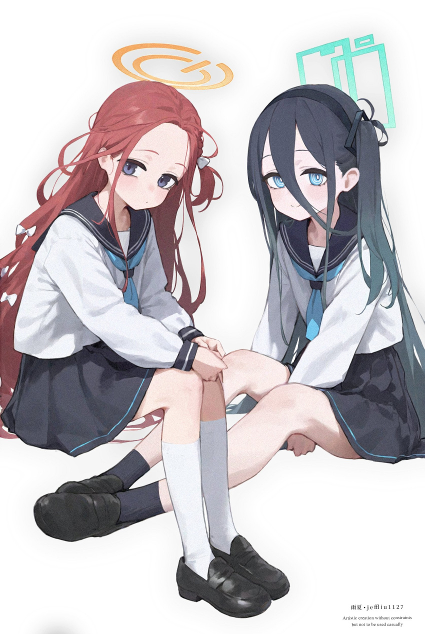 2girls absurdres ai-assisted ai-generated amenatsu aris_(blue_archive) artist_name black_footwear blue_archive blue_eyes blush english_text halo highres long_sleeves looking_at_viewer multiple_girls neckerchief pleated_skirt redhead sailor_collar school_uniform serafuku simple_background skirt smile socks translation_request yuzu_(blue_archive)